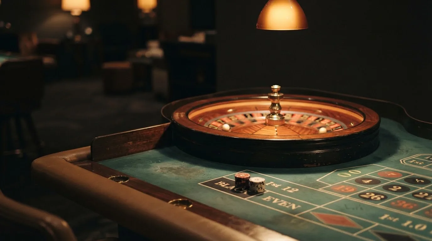 Rulettipyörä ja pelimerkit vihreällä huovalla lämpimässä iltavalossa — casino ventti
