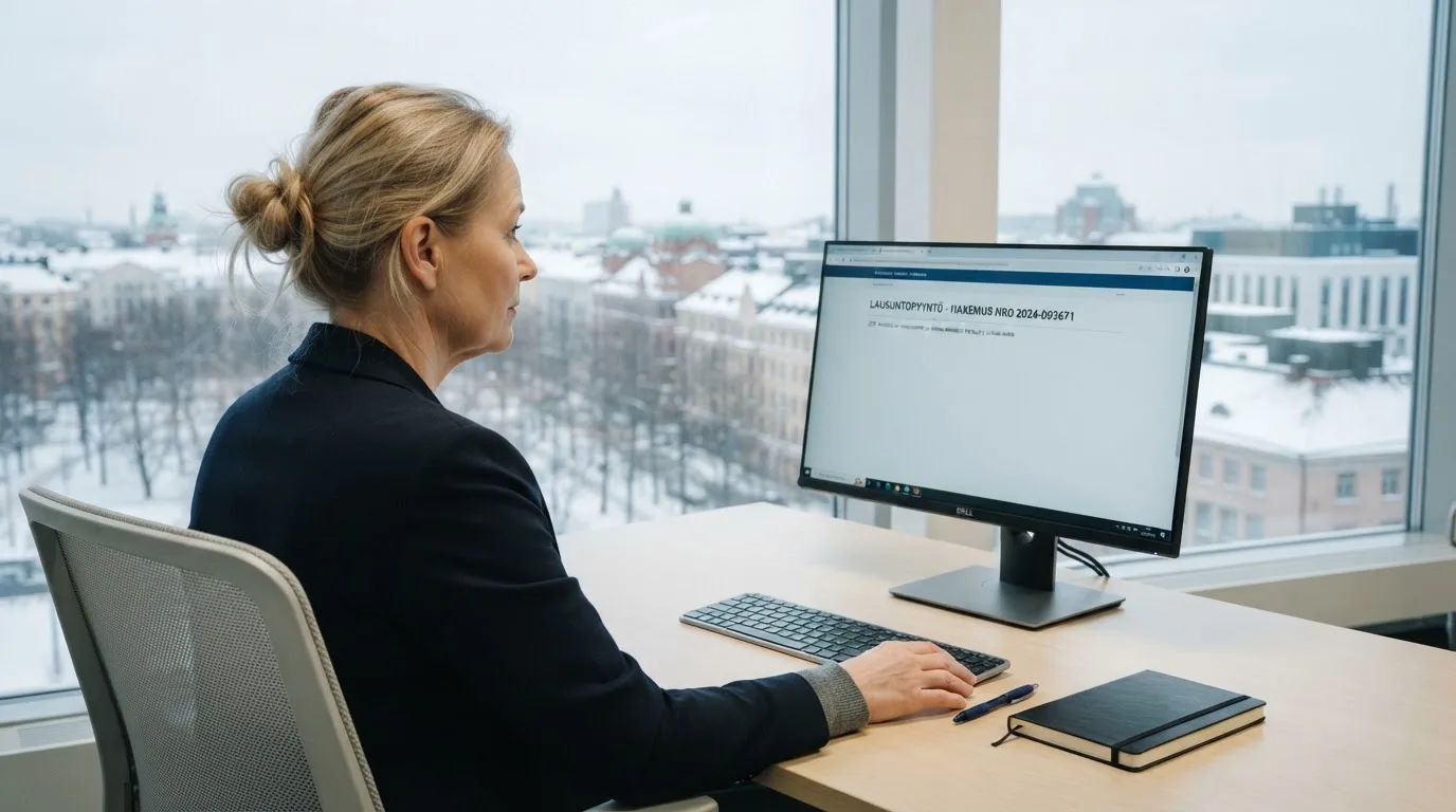 Virkailija istuu vaaleassa virastohuoneessa tietokoneen ääressä, ikkunasta näkyy talvinen kaupunkimaisema.