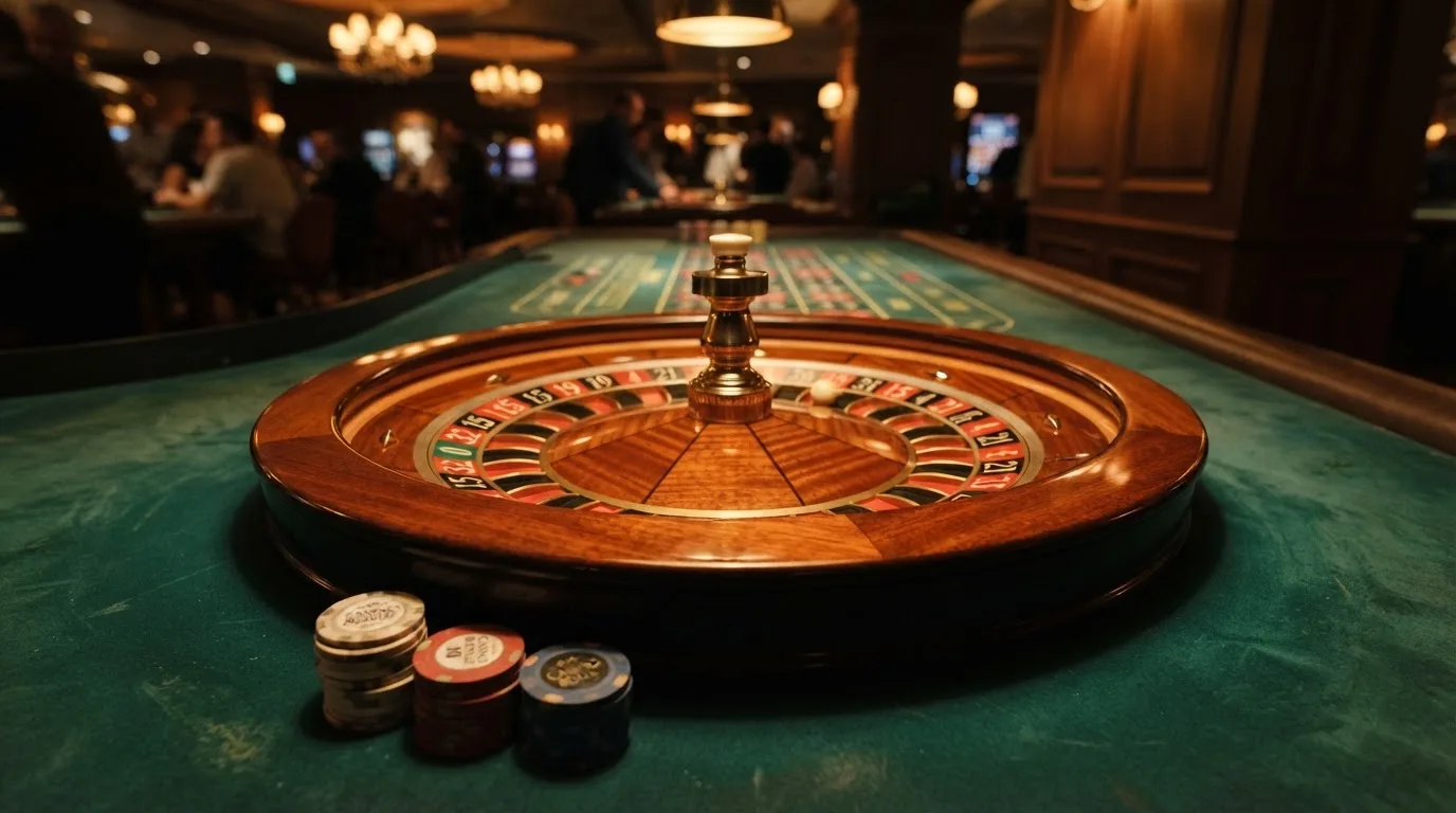 Rulettipyörä ja pelimerkit vihreällä huovalla lämpimässä iltavalossa — kolikkopelit casino pelit