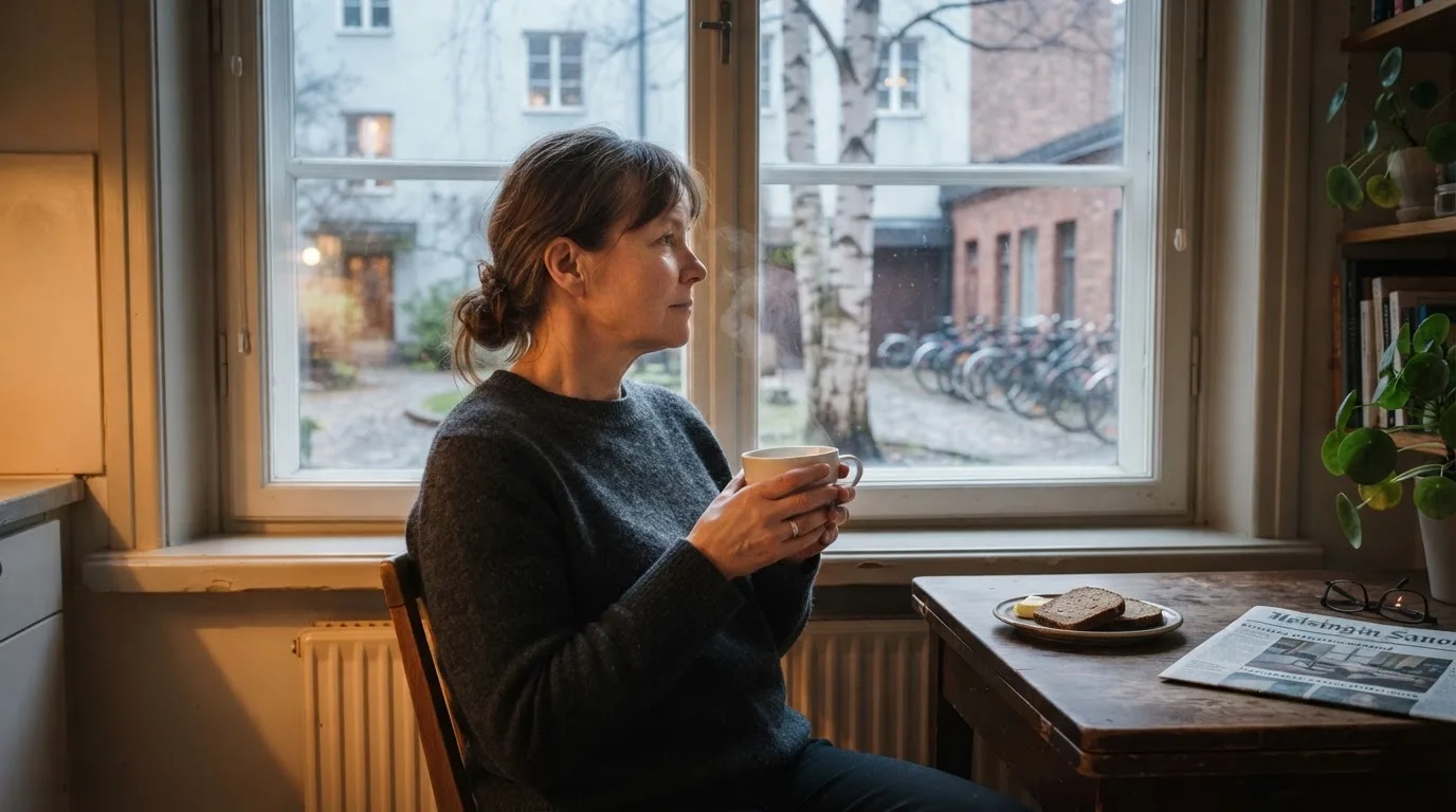 Henkilö istuu keittiön pöydän ääressä teekupin kanssa katsoen ulos ikkunasta rauhallisesti.