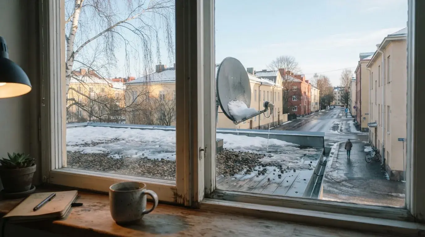Toimistohuoneen ikkunasta näkyy maaliskuun aamu, lumi sulaa katolla auringonpaisteessa hiljaisella aamulla.