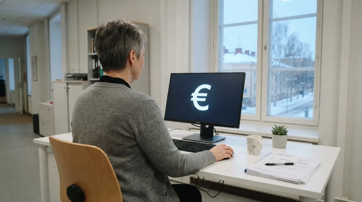 Virkailija istuu vaaleassa virastohuoneessa tietokoneen ääressä, ikkunasta näkyy talvinen kaupunkimaisema.