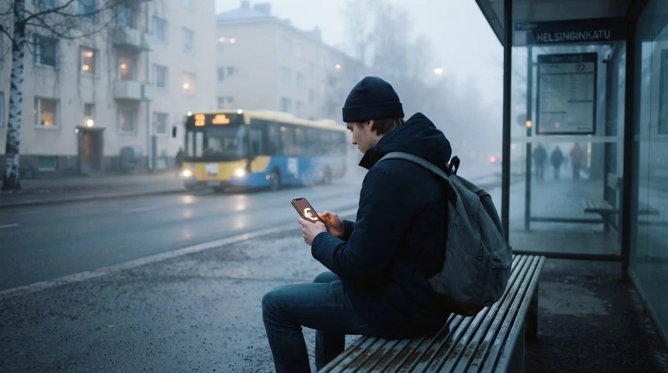 Nuori mies selaa älypuhelinta bussipysäkillä odottaessaan iltapäivällä, taustalla sumuinen katunäkymä.