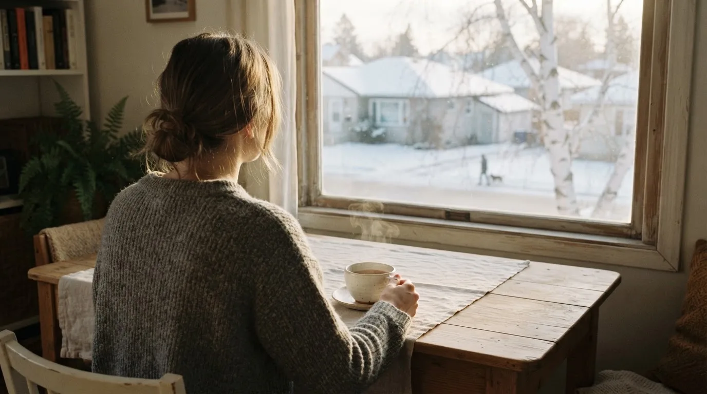 Henkilö istuu keittiön pöydän ääressä teekupin kanssa katsellen ulos ikkunasta aamulla.