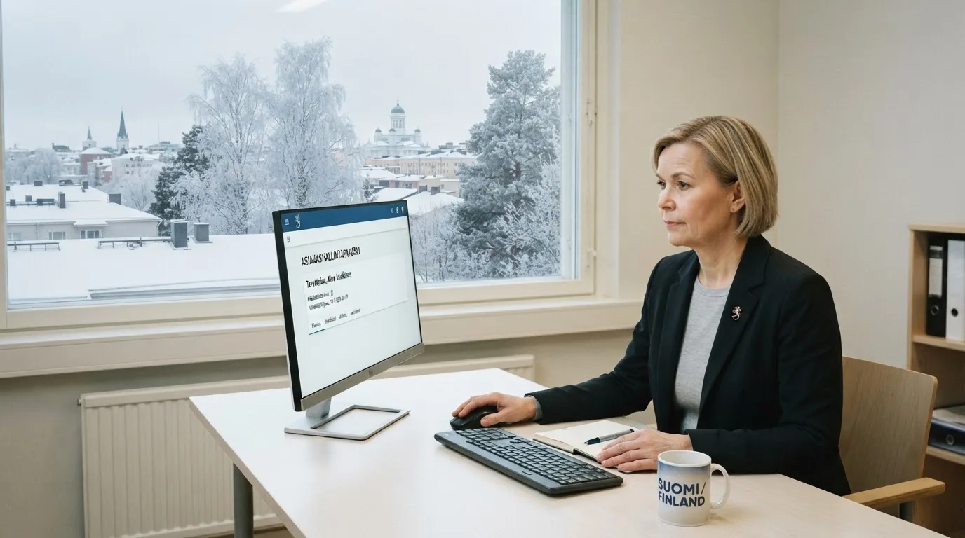 Virkailija istuu vaaleassa virastohuoneessa tietokoneen ääressä, ikkunasta näkyy talvinen kaupunkimaisema.