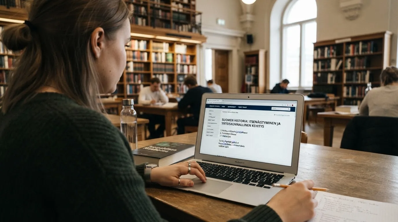Nuori nainen selaa kannettavaa tietokonetta kirjaston pöydän ääressä hiljaisessa tilassa.