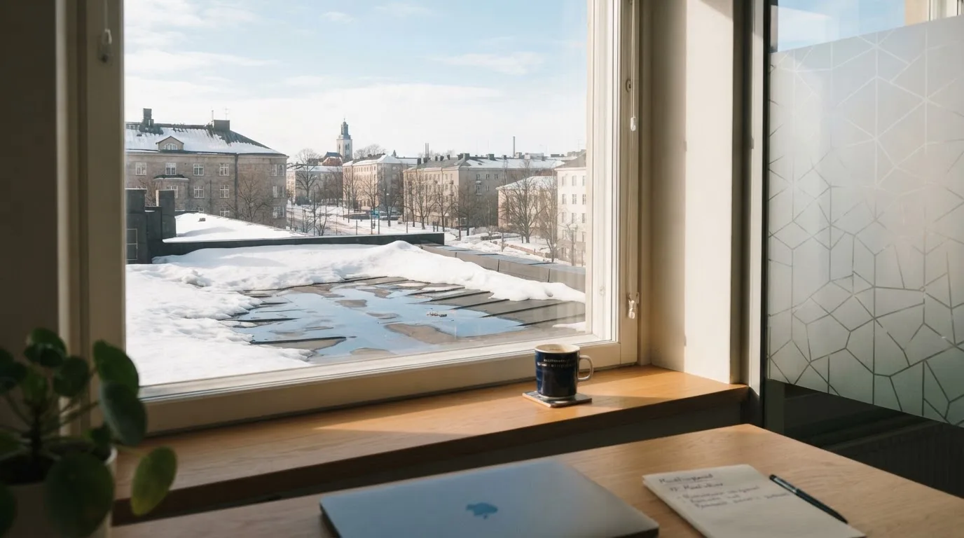 Toimistohuoneen ikkunasta näkyy maaliskuun aamu, lumi sulaa katolla auringonpaisteessa hiljaisella aamulla.